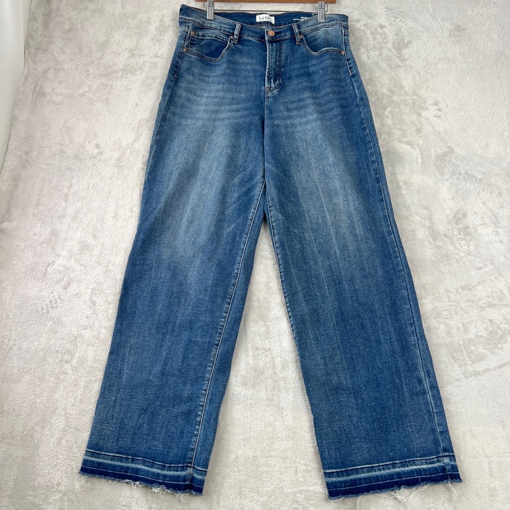 Nicole Miller Nomad Super High Rise Wide Leg Jeans Blue Denim Raw Hem Size 12